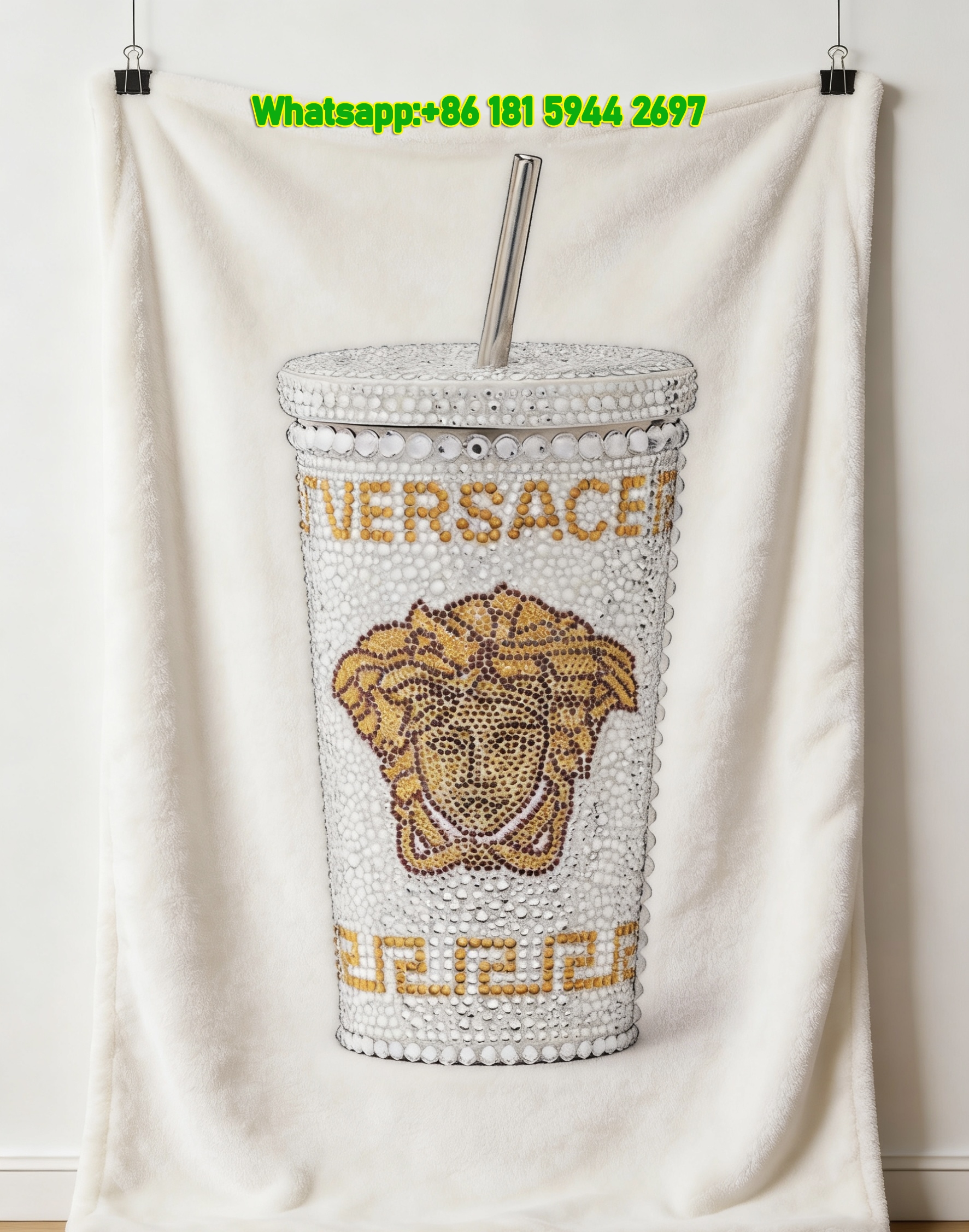 Versace White Gold Rhinestone Medusa Tumbler Print Flannel Sofa Throw Blanket IMG_1306